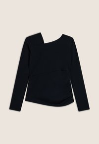 Top nero a maniche lunghe con scollatura asimmetrica e dettagli drappeggiati sui lati, realizzato in un tessuto liscio e elastico.