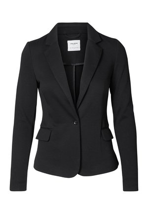 Zwarte blazer van textuurstof, met een enkele knopen sluiting, notch-kraag en twee zijzakken. Geen zichtbare patronen of accenten.