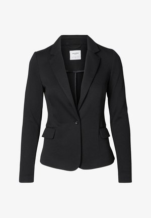 Zwarte blazer van textuurstof, met een enkele knopen sluiting, notch-kraag en twee zijzakken. Geen zichtbare patronen of accenten.