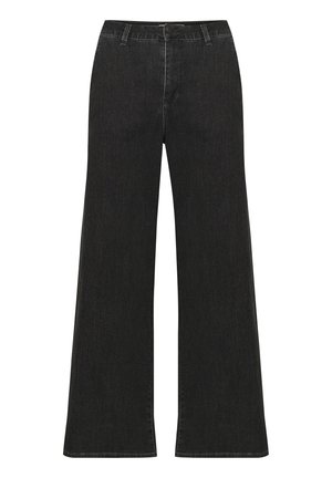 Pantalons en denim noir à jambes larges avec une texture lisse, une taille haute, une fermeture à bouton et des détails de couture subtils.
