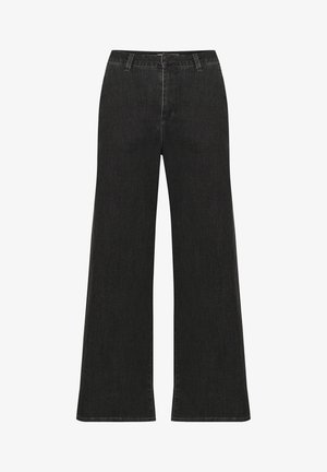 Pantaloni in denim neri a gamba ampia con una texture liscia, vita alta, chiusura con bottone e dettagli di cucitura sottili.