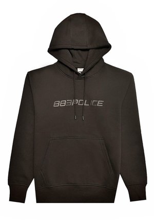 Felpa nera con cappuccio realizzata in tessuto morbido, dotata di tasca a marsupio frontale e cappuccio con cordoncino. Logo "888POLICE" stampato in grigio sul petto.