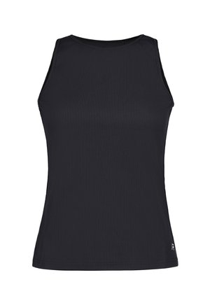 Mouwloze zwarte geribbelde tanktop met ronde halslijn, nauwsluitende pasvorm en klein wit logo vlakbij de onderzoom aan de rechterkant.