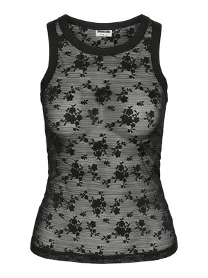Débardeur noir en dentelle sans manches avec motif floral et encolure ronde, tissu semi-transparent.