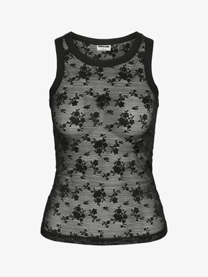 Débardeur noir en dentelle sans manches avec motif floral et encolure ronde, tissu semi-transparent.