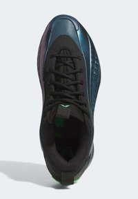 Lace-up athletic shoe featuring a black mesh upper with blue and purple accents, textured surface, and a green outsole detail.