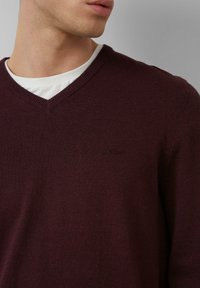 Bordeauxfarbener V-Ausschnitt-Pullover aus weichem Strickmaterial, mit einem dezenten Logo auf der Brust und einem gerippten Kragen für zusätzlichen Textur.