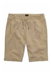 Beige shorts with an elastic waistband, drawstring, side pockets, and a subtle "JP" logo in a matching color on the front.