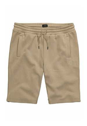 Beige Shorts mit einem elastischen Bund, Kordelzug, Seitentaschen und einem dezenten "JP"-Logo in passender Farbe auf der Vorderseite.