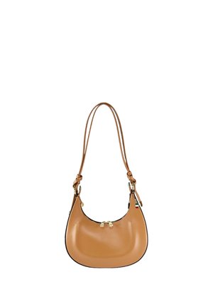 Hellbraune Leder-Schultertasche mit Doppelreißverschluss, geschwungener Form und langem verstellbarem Riemen mit kleinem italienischem Flaggenanhänger.