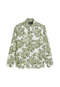 Long-sleeve shirt in white linen with a green floral pattern. Features a button-down collar and front buttons. Lightweight and textured fabric.