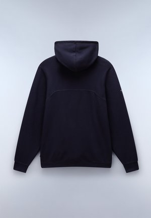 Achteraanzicht van een donkerblauwe hoodie van zacht materiaal, met een capuchon, lange mouwen en subtiele stiksels aan de achterkant voor structuur.