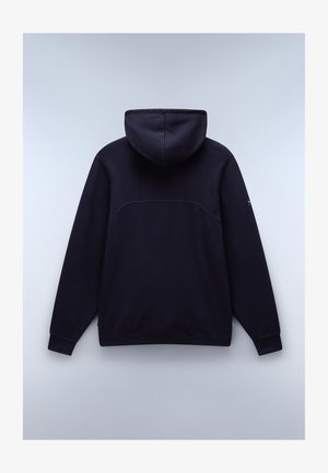 Baksidan av en mörk marinblå hoodie i mjukt material, med huva, långa ärmar och subtila sömmar längs ryggen för struktur.