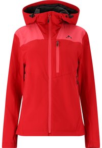 Veste imperméable rouge avec capuche, dotée de panneaux roses contrastants, d'une fermeture éclair à l'avant et de poches zippées sur les côtés et la poitrine.
