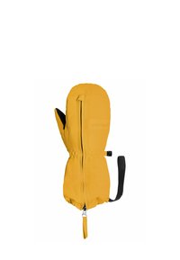 Gelbe isolierte Fäustlinge aus glattem Nylonstoff, mit Reißverschluss, elastischem Bündchen und einer schwarzen Handfläche für besseren Halt.