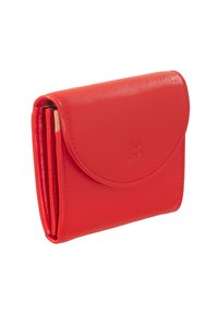 Portafoglio in pelle rossa con pattina arrotondata, finitura testurizzata e molteplici scomparti. Logo minimal inciso sulla parte anteriore. Design compatto.