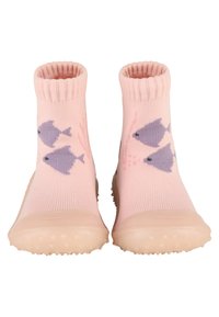Rosa Knöchelsocken mit einem gerippten Bündchen und lila Fischmuster, kombiniert mit einer flexiblen, rutschfesten Gummisohle.