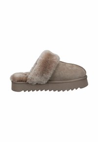 Beige suede slipper with a plush fur collar, rounded front, and ridged grey sole. Soft texture with a closed back for comfort.
