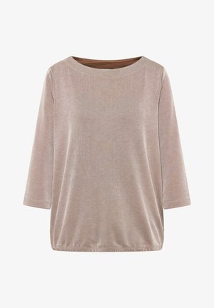 Vaaleanruskea raidallinen yläosa, jossa on venepääntie, kolmannen osan hihat ja rento istuvuus. Valmistettu pehmeästä, teksturoidusta kankaasta.