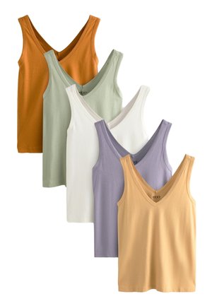 Cinci maieuri fără mâneci cu decolteu în V în culorile muștar, verde salvie, alb, lavandă și bej, aranjate suprapuse pe un fundal alb.