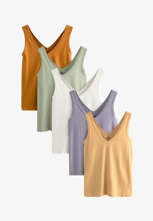 Cinci maieuri fără mâneci cu decolteu în V în culorile muștar, verde salvie, alb, lavandă și bej, aranjate suprapuse pe un fundal alb.