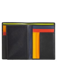 Portafoglio da uomo in pelle nera con più scomparti per carte in colori vivaci: rosso, arancione, giallo, blu e verde, con una fodera interna texturizzata.