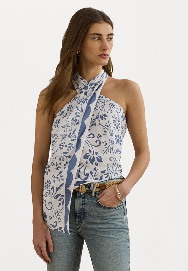 FLORAL LINEN SLEEVELESS HALTER BLOUSE - Top