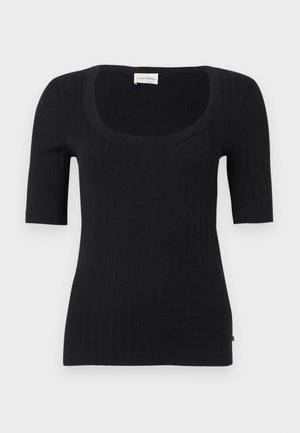 Schwarzes, geripptes Kurzarm-Oberteil mit weitem, rundem Ausschnitt und eng anliegender Silhouette. Aus weichem, elastischem Stoff gefertigt. Dezタグe Markenetikett am Saum.