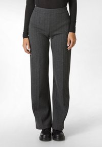 Weite Hosen in Dunkelgrau mit vertikalem Nadelstreifenmuster. Hergestellt aus glattem Material, mit hoher Taille und ohne sichtbare Hardware.
