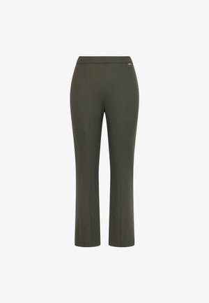 Pantaloni in twill di un verde oliva scuro. Design aderente con gamba dritta e vita elastica. Texture morbida, senza motivi visibili o hardware.