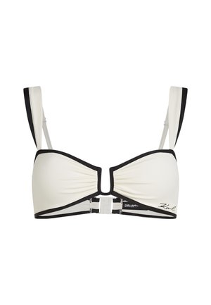 Top de bikini alb cu accente negre, având un design texturat, bretele late și un detaliu central decupat cu închidere cu clapă din plastic.