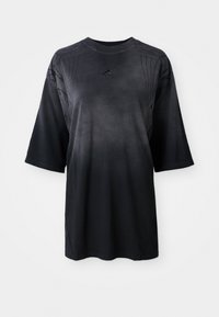 Black short-sleeve t-shirt with a round neck. Features textured accents on shoulders and sides. Made of lightweight fabric with a smooth finish.