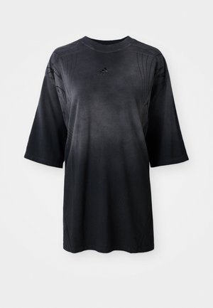 Black short-sleeve t-shirt with a round neck. Features textured accents on shoulders and sides. Made of lightweight fabric with a smooth finish.
