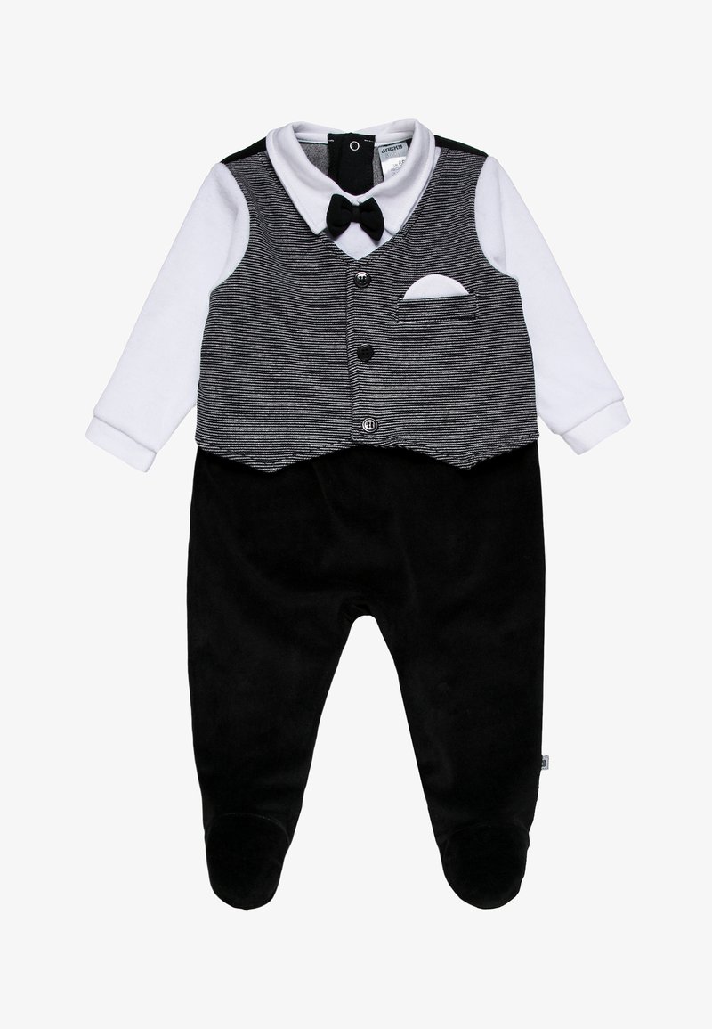 Conjunto de bebé em preto e branco, apresentando um colete riscado, uma camisa branca com colarinho, uma gravata-bow preta e calças com pés, feito de um tecido macio.