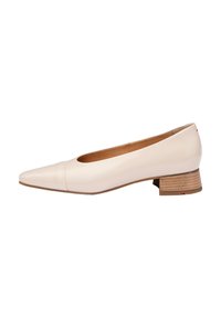 Cream leather pointed-toe shoe with a low stacked wooden heel, featuring a smooth texture and a minimalistic design.