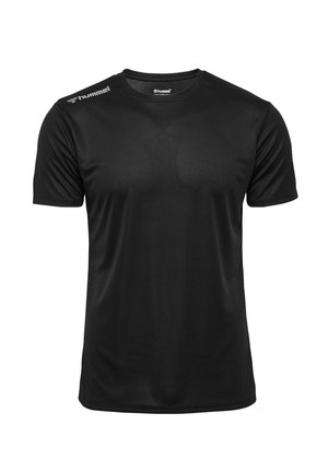 Black short-sleeve sports t-shirt with crew neck, lightweight fabric, and white "hummel" logos on chest and right shoulder.