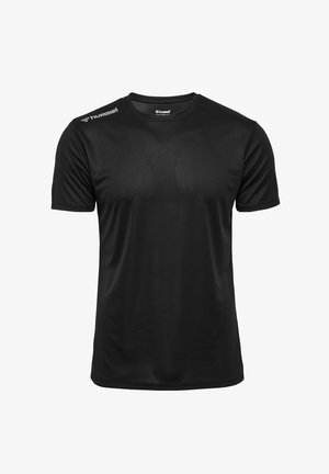 T-shirt de sport noir à manches courtes avec col rond, tissu léger et logos blancs "hummel" sur la poitrine et l’épaule droite.