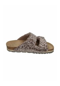Faux fur slide sandals in light brown with two wide straps, cork footbed, and textured rubber outsole for grip. Soft and casual design.