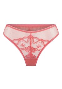 Roze kanten string met doorzichtig gaas, bloemmotieven, stippenstructuur en golvende randen langs de tailleband en broekspijpen.