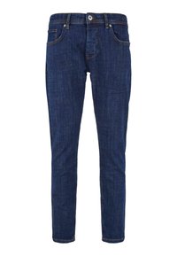 Sötétkék denim farmernadrág, slim fit fazonban, öt zsebbel, kontrasztos varrással és gombos elülső záródással. Puha tapintás, lezser dizájn.