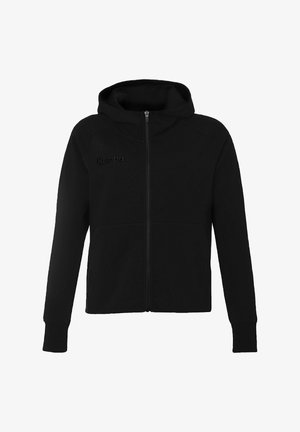 Black zip-up hoodie made from soft fabric. Features a hood, long sleeves, side pockets, and subtle logo on the chest. Smooth texture.