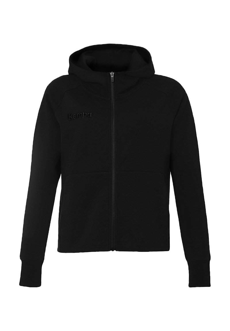 Haut zippé noir en tissu doux. Possède une capuche, des manches longues, des poches latérales et un logo discret sur la poitrine. Texture lisse.