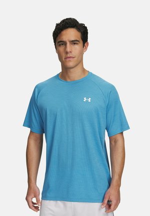 Blue athletic t-shirt made from a lightweight fabric, featuring a crew neckline, short sleeves, and a small white logo on the chest.
