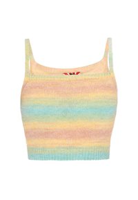 Gebreide pastelkleurige cropped tanktop met dunne schouderbandjes, met horizontale strepen in roze, geel en lichtblauwe gradient texturen.