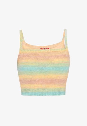 Adīts pastelis krāsas īsais tops ar plānām siksnām, kam ir horizontālas svītras rozā, dzeltenā un gaiši zilā gradienta tekstūrās.