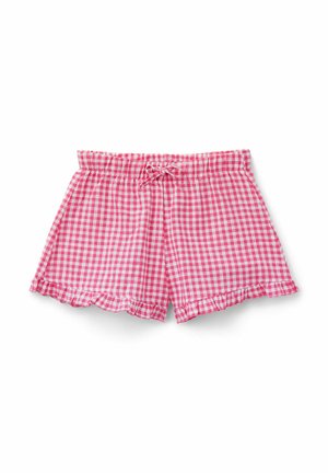 Rosa-weiß karierte Shorts mit elastischem Bund, dekorativer Schleife und Rüschensaum.