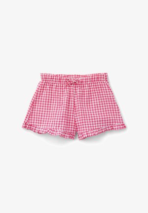 Shorts à motif vichy rose et blanc avec taille élastique, nœud décoratif et ourlets froncés.