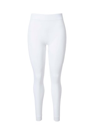 Leggings blancs taille haute à coupe ajustée avec bordure en dentelle aux chevilles, présentés sur un fond blanc uni.