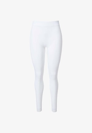 Leggings bianchi a vita alta con una vestibilità aderente e rifinitura in pizzo alle caviglie, esposti su uno sfondo bianco uniforme.