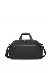 Sac de sport noir avec tissu texturé, poignées supérieures doubles, bandoulière réglable, poche zippée à l'avant et design épuré.